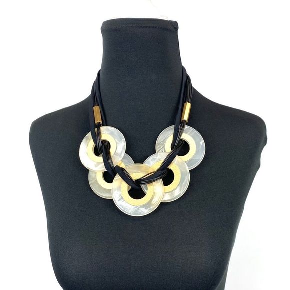 Large statement necklace discs ivory, gold & black - Picture 1 of 13